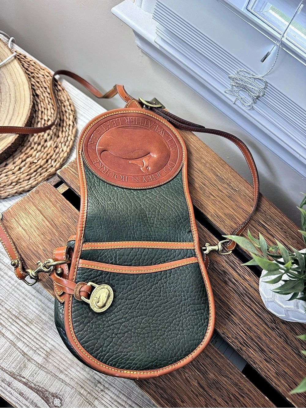 Dooney & Bourke All-Weather Leather Equestrian Over Under Bag Green & Brown